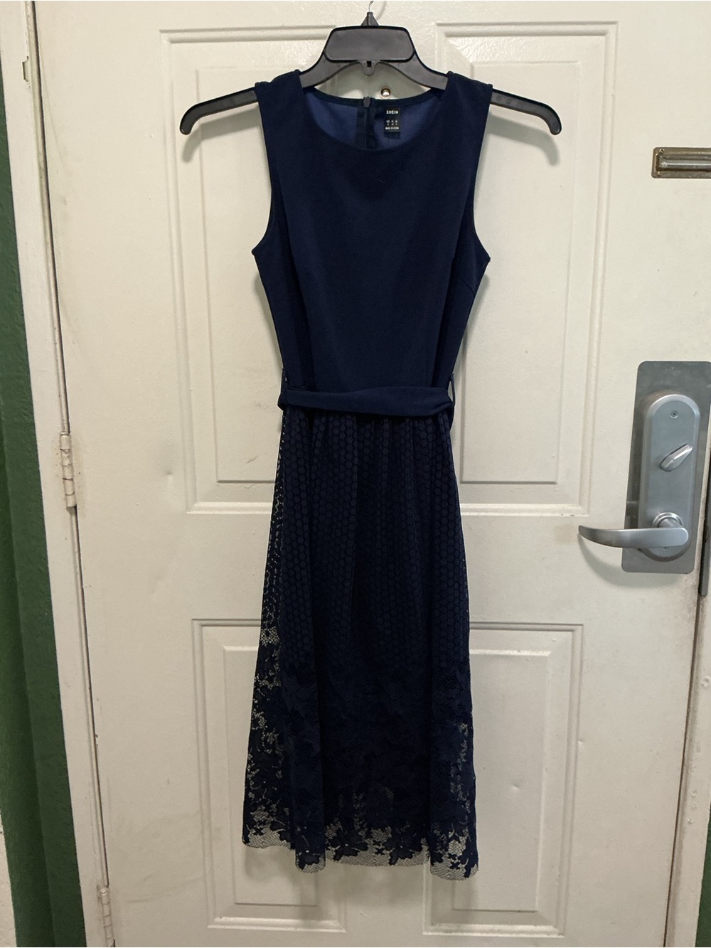 SHEIN Navy Sleeveless Midi Dress with Lace Hem